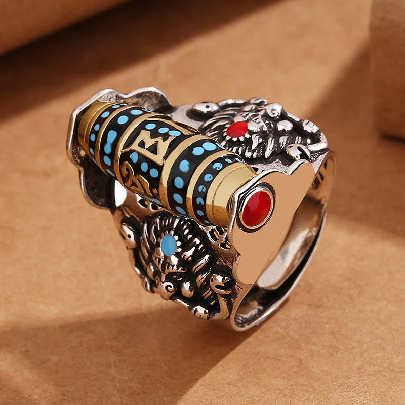 Fortune Jewel Tibetan Om Mani Padme Hum Garuda Dzi Bead Pattern Peace Rotatable Ring