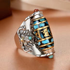 Fortune Jewel Tibetan Om Mani Padme Hum Garuda Dzi Bead Pattern Peace Rotatable Ring