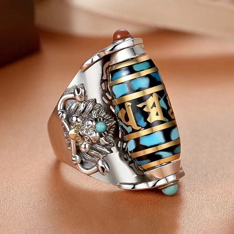 Fortune Jewel Tibetan Om Mani Padme Hum Garuda Dzi Bead Pattern Peace Rotatable Ring