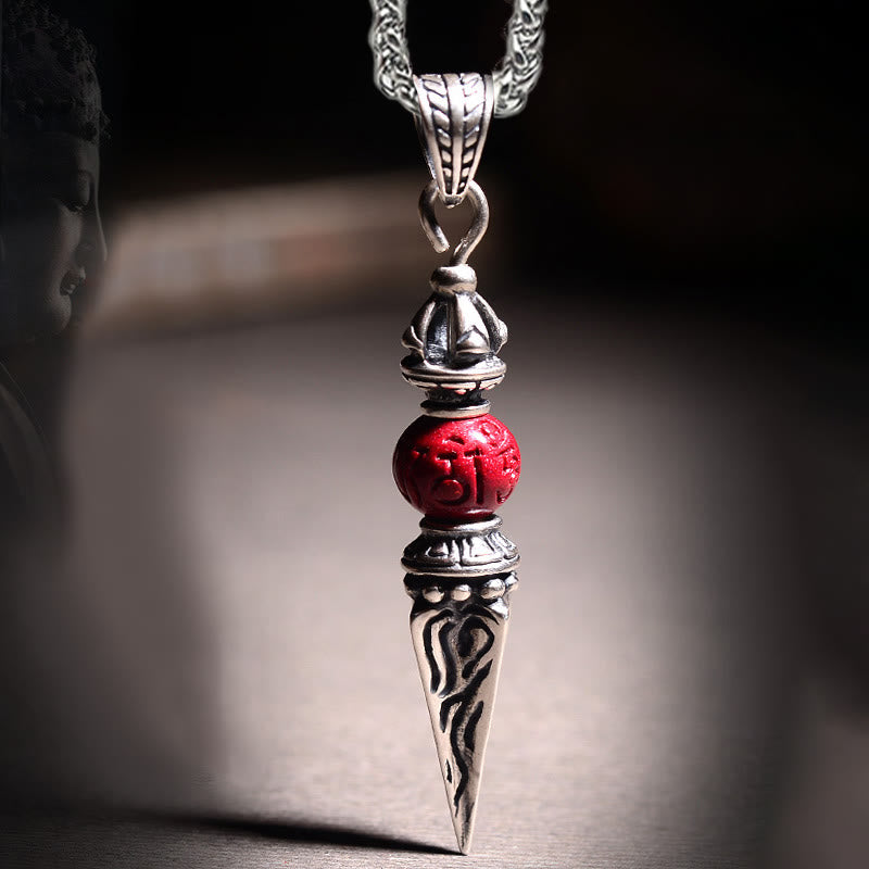 Fortune Jewel Cinnabar Sanskrit Dorje Vajra Pattern Blessing Necklace Pendant