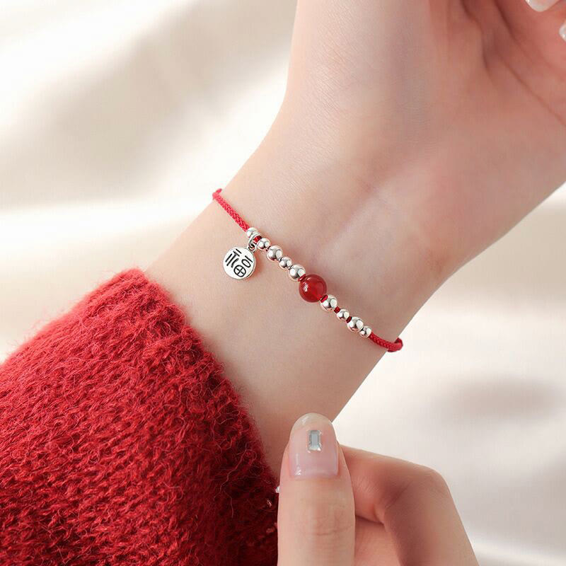 Fortune Jewel Handmade 925 Sterling Silver Fu Character Red Agate Fortune Braided Ultra-Thin Rope Bracelet