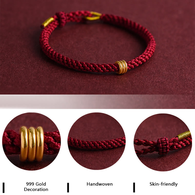 Fortune Jewel 999 Gold Triple Ring Design Handmade Connection Braided Rope Bracelet