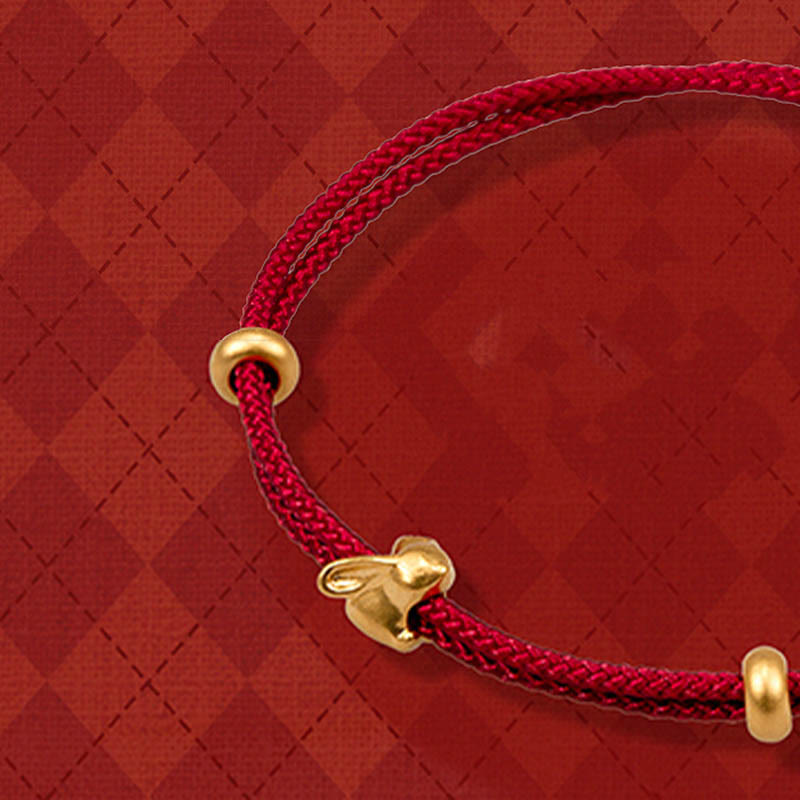 Fortune Jewel 999 Gold Small Lucky Rabbit Osmanthus Design Handmade Luck Braided Rope Bracelet