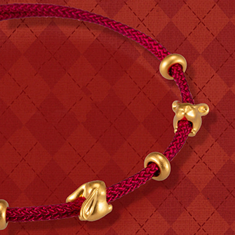 Fortune Jewel 999 Gold Small Lucky Rabbit Osmanthus Design Handmade Luck Braided Rope Bracelet