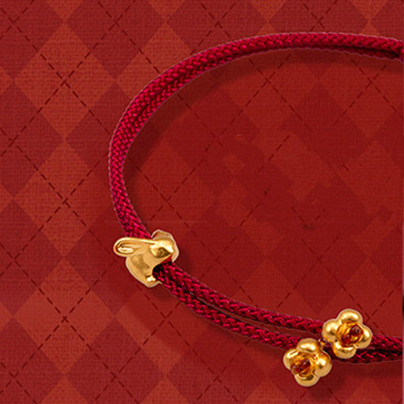 Fortune Jewel 999 Gold Small Lucky Rabbit Osmanthus Design Handmade Luck Braided Rope Bracelet