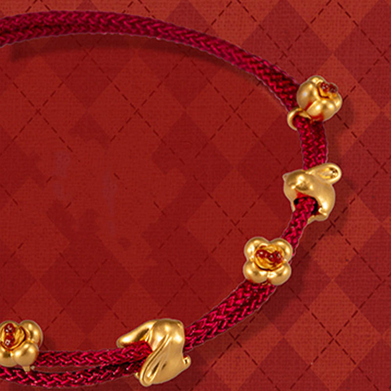 Fortune Jewel 999 Gold Small Lucky Rabbit Osmanthus Design Handmade Luck Braided Rope Bracelet