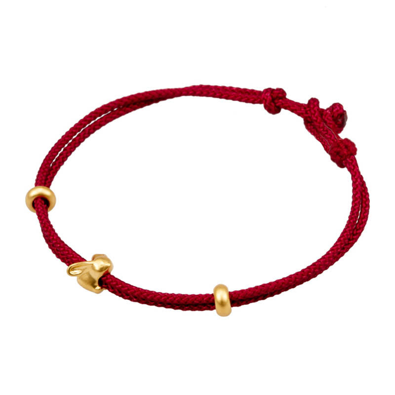 Fortune Jewel 999 Gold Small Lucky Rabbit Osmanthus Design Handmade Luck Braided Rope Bracelet