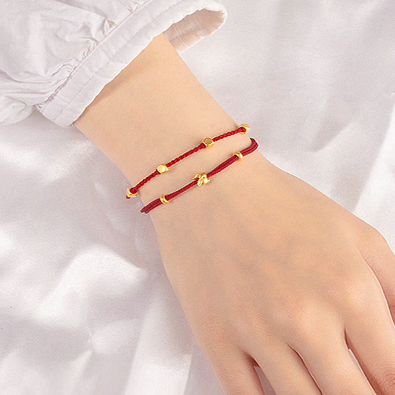 Fortune Jewel 999 Gold Small Lucky Rabbit Osmanthus Design Handmade Luck Braided Rope Bracelet