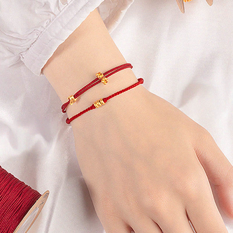 Fortune Jewel 999 Gold Small Lucky Rabbit Osmanthus Design Handmade Luck Braided Rope Bracelet