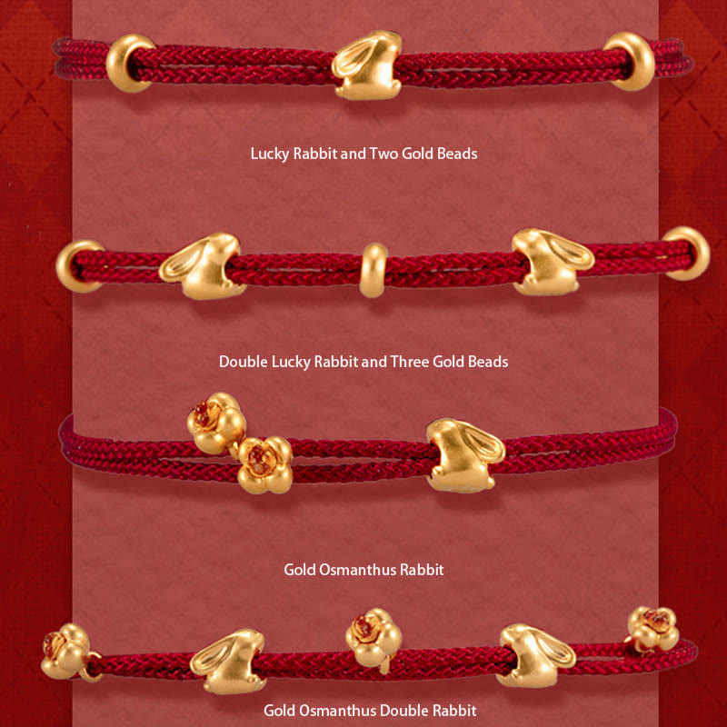 Fortune Jewel 999 Gold Small Lucky Rabbit Osmanthus Design Handmade Luck Braided Rope Bracelet