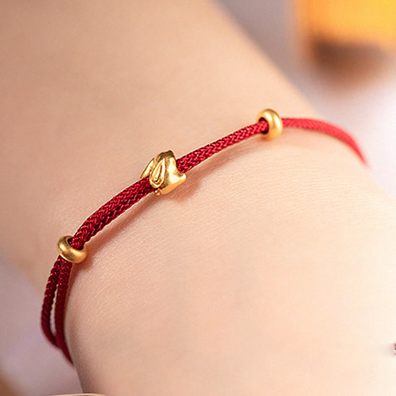 Fortune Jewel 999 Gold Small Lucky Rabbit Osmanthus Design Handmade Luck Braided Rope Bracelet