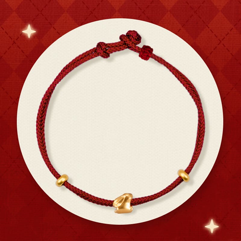 Fortune Jewel 999 Gold Small Lucky Rabbit Osmanthus Design Handmade Luck Braided Rope Bracelet