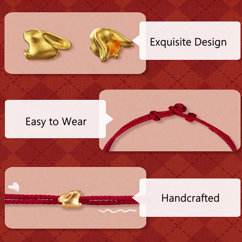 Fortune Jewel 999 Gold Small Lucky Rabbit Osmanthus Design Handmade Luck Braided Rope Bracelet