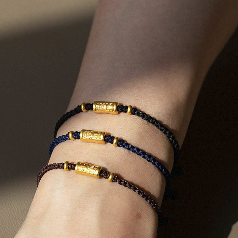 Fortune Jewel 999 Gold Good Luck Amulet Carved Design Handmade Strength Braided Rope Bracelet