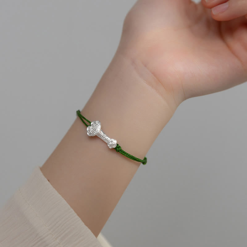 Fortune Jewel Handmade 999 Sterling Silver Fu Character Wish Ruyi Handle Luck Braided Green Rope Bracelet
