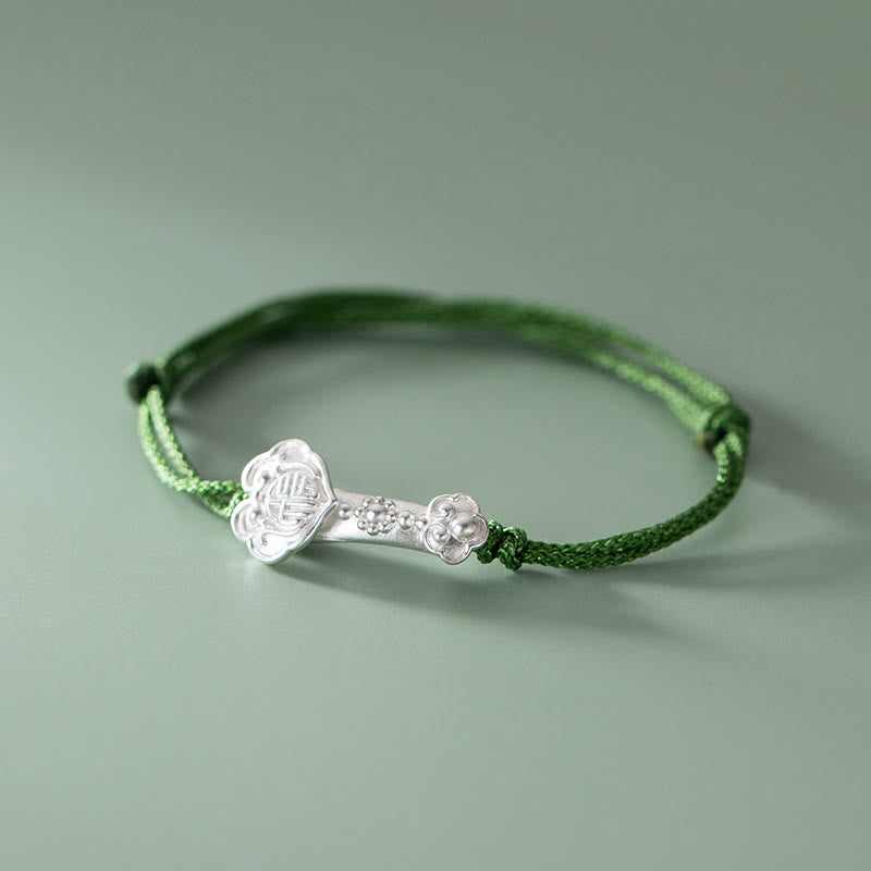 Fortune Jewel Handmade 999 Sterling Silver Fu Character Wish Ruyi Handle Luck Braided Green Rope Bracelet