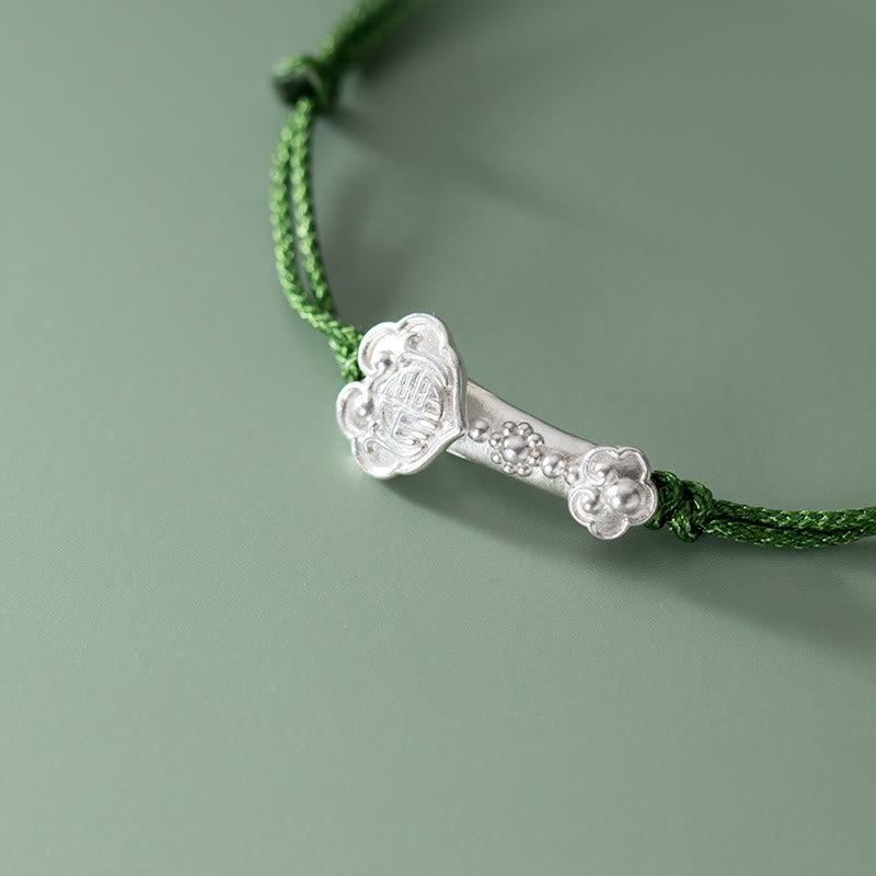 Fortune Jewel Handmade 999 Sterling Silver Fu Character Wish Ruyi Handle Luck Braided Green Rope Bracelet