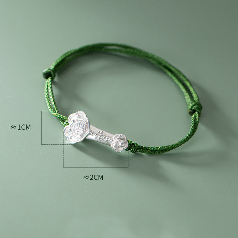 Fortune Jewel Handmade 999 Sterling Silver Fu Character Wish Ruyi Handle Luck Braided Green Rope Bracelet