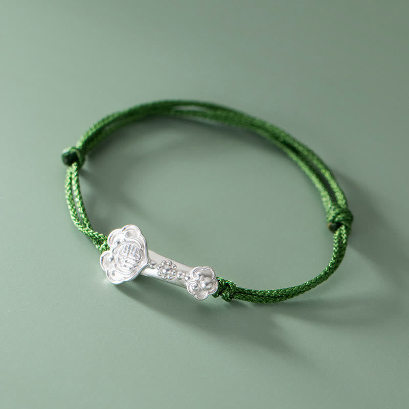 Fortune Jewel Handmade 999 Sterling Silver Fu Character Wish Ruyi Handle Luck Braided Green Rope Bracelet