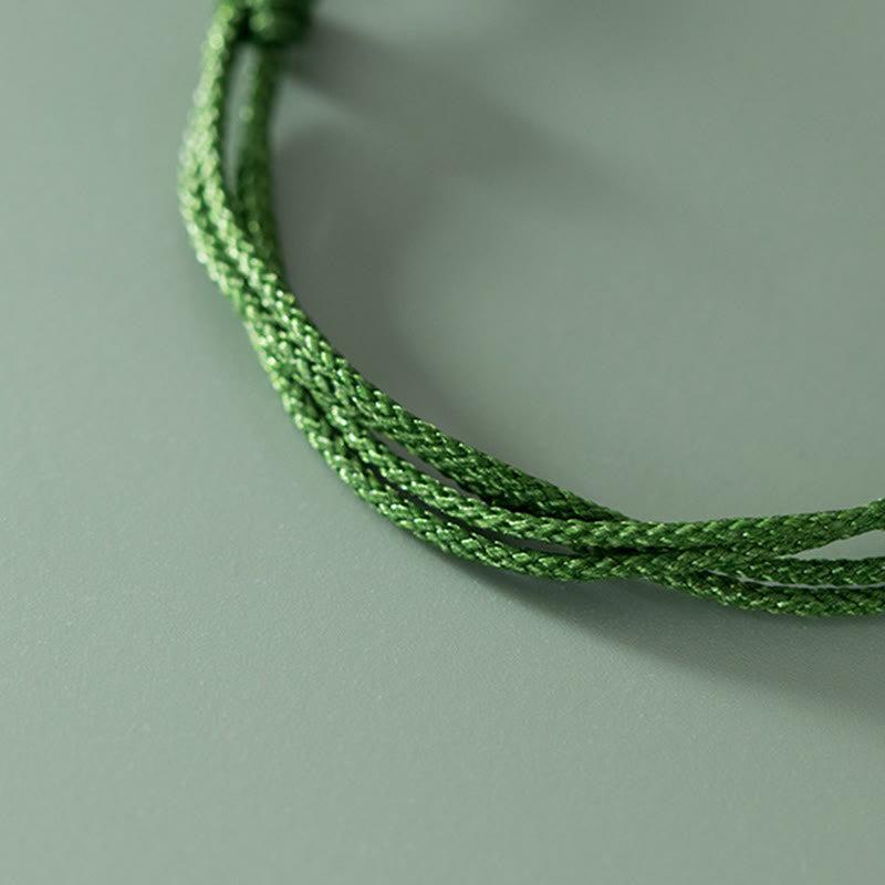 Fortune Jewel Handmade 999 Sterling Silver Fu Character Wish Ruyi Handle Luck Braided Green Rope Bracelet