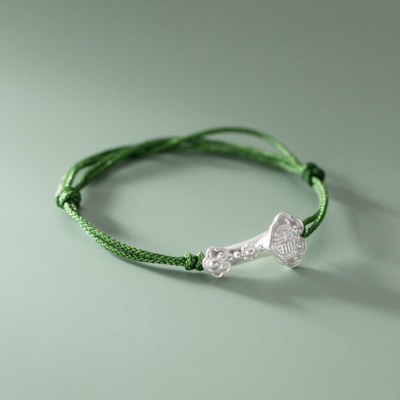 Fortune Jewel Handmade 999 Sterling Silver Fu Character Wish Ruyi Handle Luck Braided Green Rope Bracelet