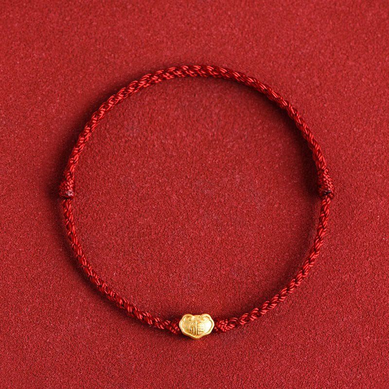 Fortune Jewel 999 Gold Chinese Lock Charm Fu Character Protection Handmade Rope Bracelet