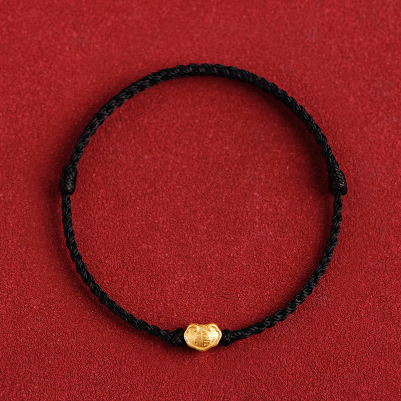 Fortune Jewel 999 Gold Chinese Lock Charm Fu Character Protection Handmade Rope Bracelet