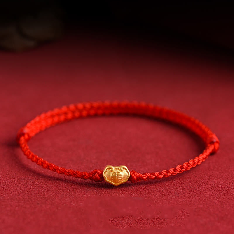 Fortune Jewel 999 Gold Chinese Lock Charm Fu Character Protection Handmade Rope Bracelet