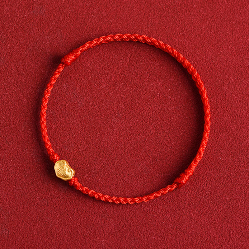 Fortune Jewel 999 Gold Chinese Lock Charm Fu Character Protection Handmade Rope Bracelet