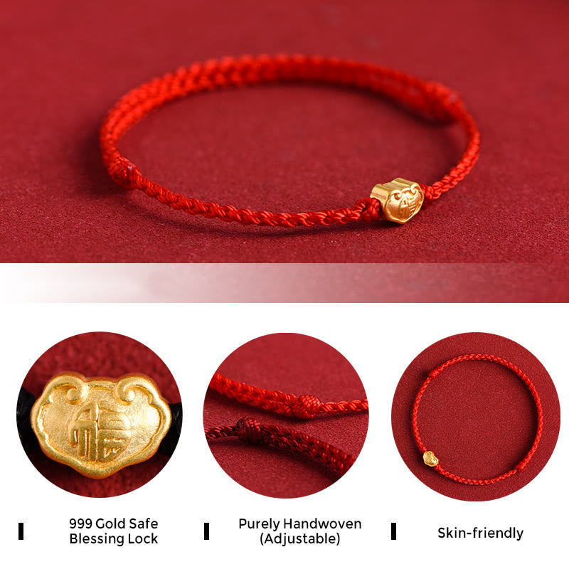 Fortune Jewel 999 Gold Chinese Lock Charm Fu Character Protection Handmade Rope Bracelet