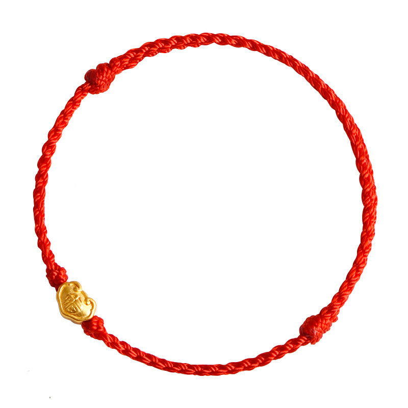 Fortune Jewel 999 Gold Chinese Lock Charm Fu Character Protection Handmade Rope Bracelet