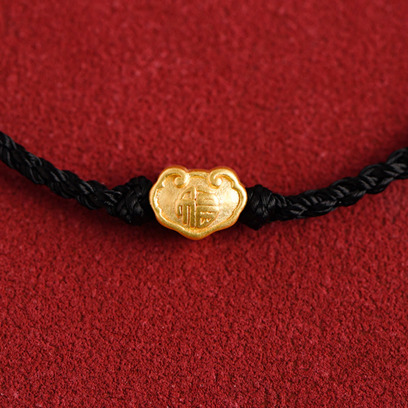 Fortune Jewel 999 Gold Chinese Lock Charm Fu Character Protection Handmade Rope Bracelet
