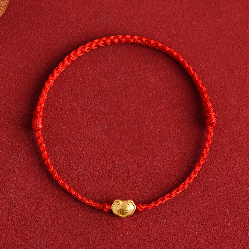 Fortune Jewel 999 Gold Chinese Lock Charm Fu Character Protection Handmade Rope Bracelet