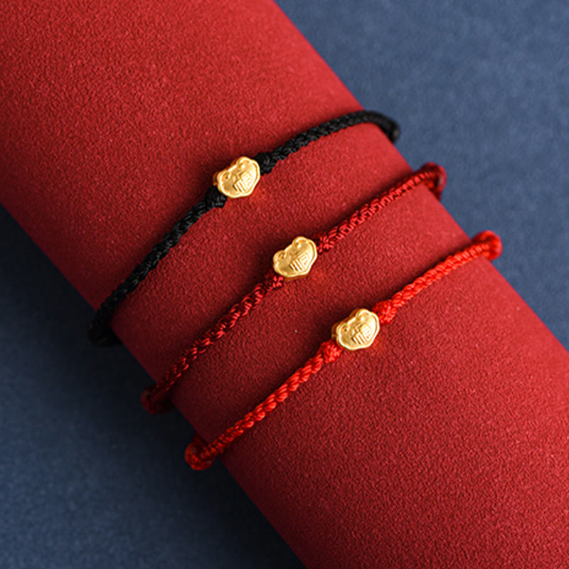 Fortune Jewel 999 Gold Chinese Lock Charm Fu Character Protection Handmade Rope Bracelet