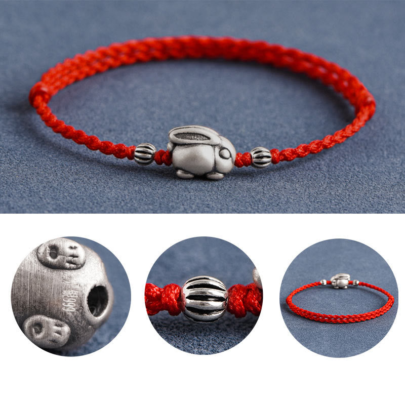Fortune Jewel Handmade 999 Sterling Silver Rabbit Luck Rope Bracelet Anklet