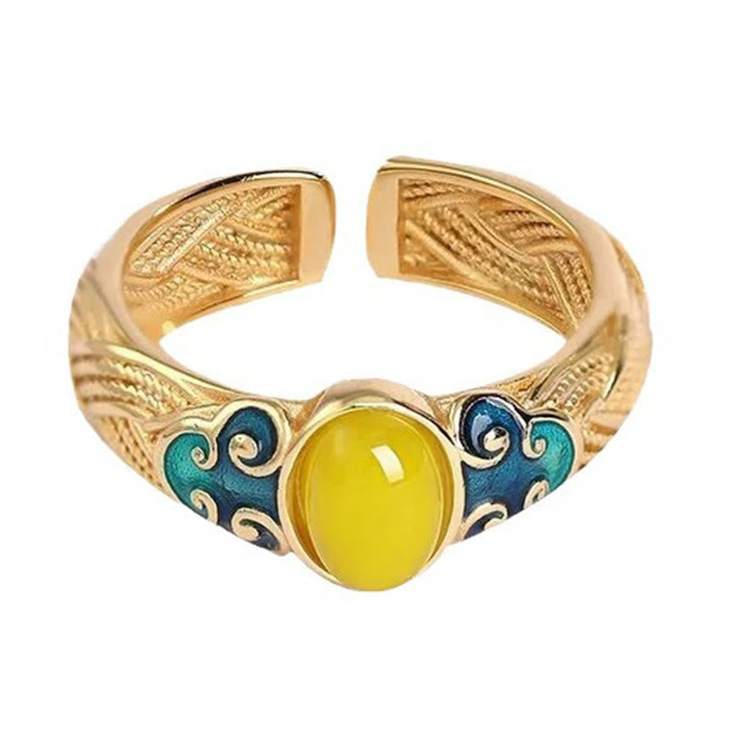 Fortune Jewel Amber Copper Auspicious Clouds Focus Adjustable Ring