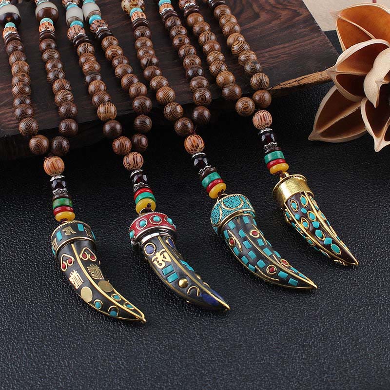 Fortune Jewel Tibet Wenge Wood Om Mani Padme Hum OM Symbol Mantra Horn Pattern Protection Necklace Pendant