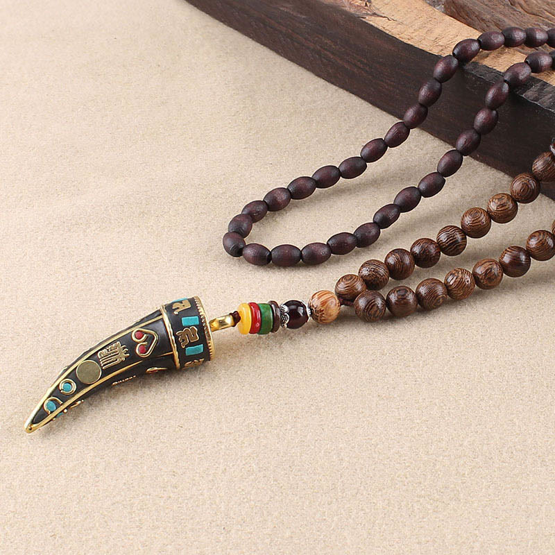 Fortune Jewel Tibet Wenge Wood Om Mani Padme Hum OM Symbol Mantra Horn Pattern Protection Necklace Pendant