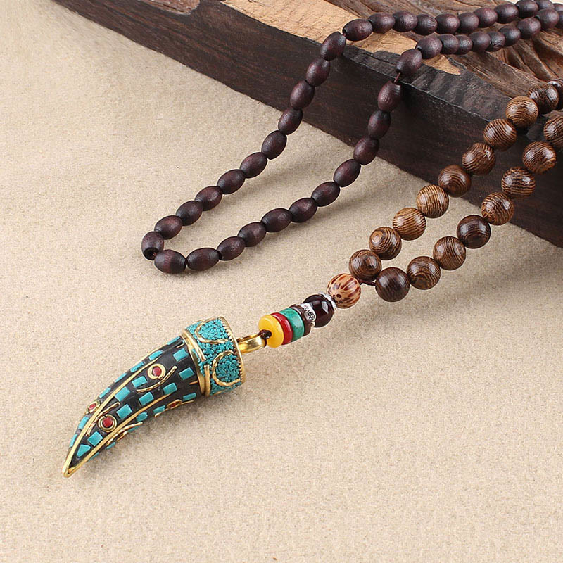 Fortune Jewel Tibet Wenge Wood Om Mani Padme Hum OM Symbol Mantra Horn Pattern Protection Necklace Pendant