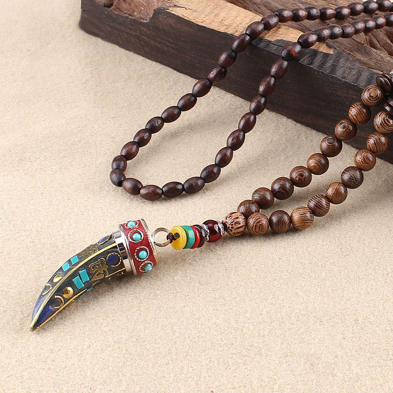 Fortune Jewel Tibet Wenge Wood Om Mani Padme Hum OM Symbol Mantra Horn Pattern Protection Necklace Pendant