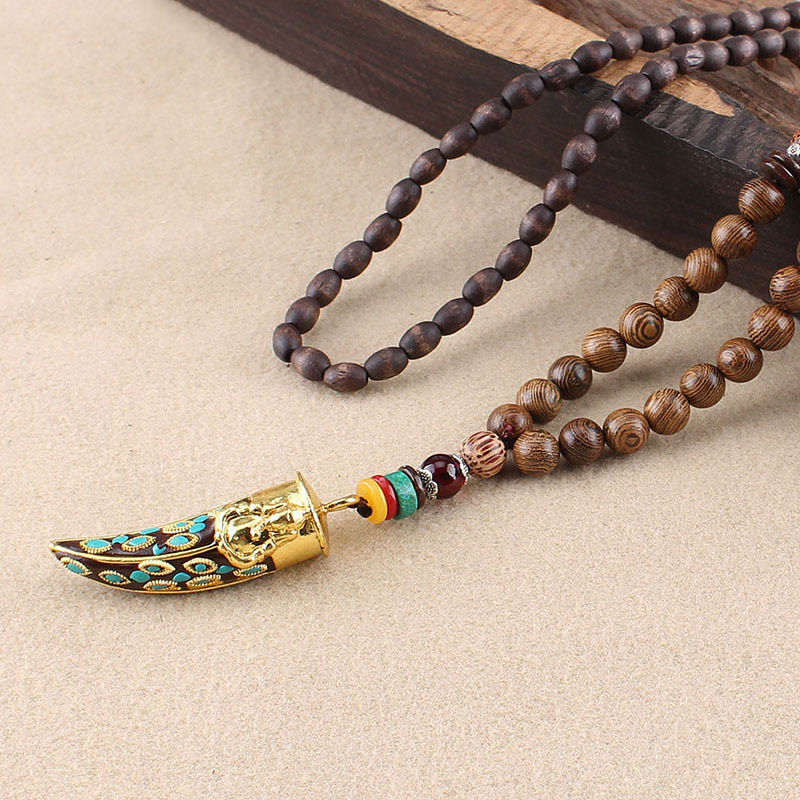 Fortune Jewel Tibet Wenge Wood Om Mani Padme Hum OM Symbol Mantra Horn Pattern Protection Necklace Pendant