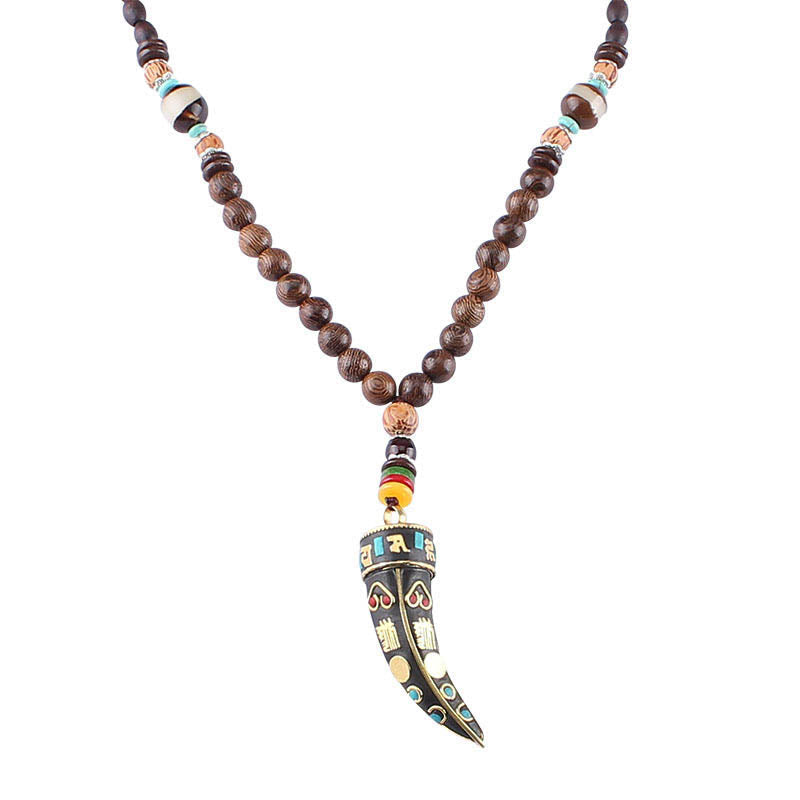 Fortune Jewel Tibet Wenge Wood Om Mani Padme Hum OM Symbol Mantra Horn Pattern Protection Necklace Pendant