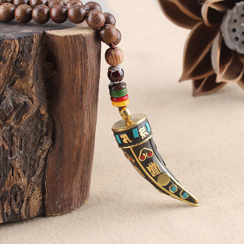 Fortune Jewel Tibet Wenge Wood Om Mani Padme Hum OM Symbol Mantra Horn Pattern Protection Necklace Pendant