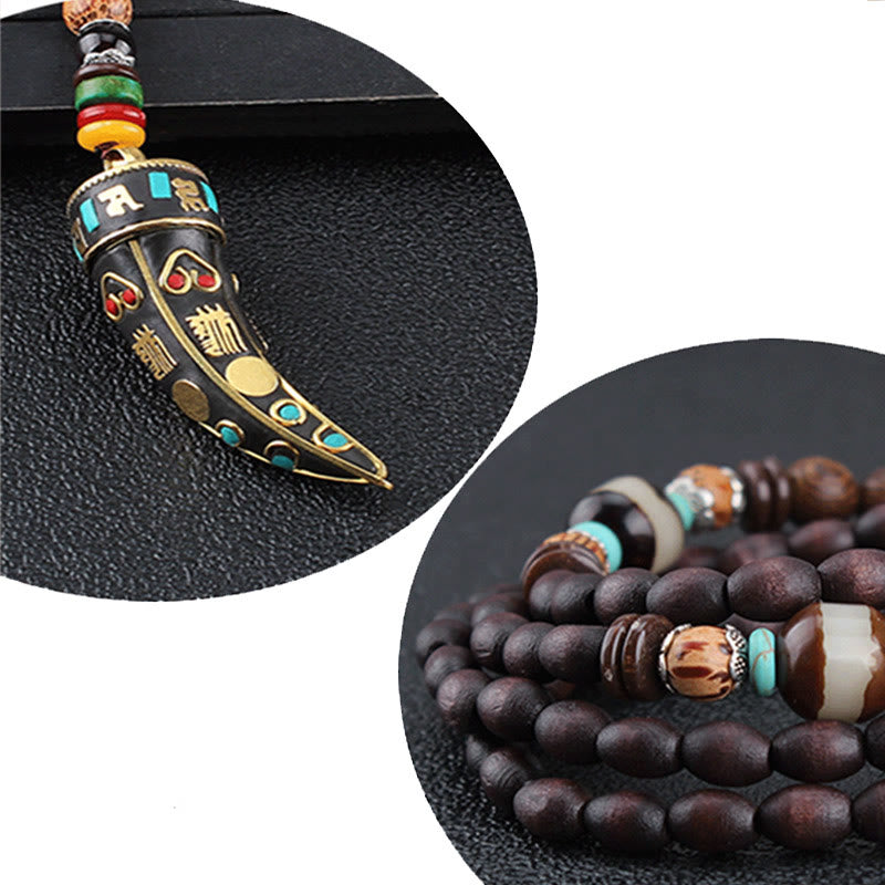 Fortune Jewel Tibet Wenge Wood Om Mani Padme Hum OM Symbol Mantra Horn Pattern Protection Necklace Pendant