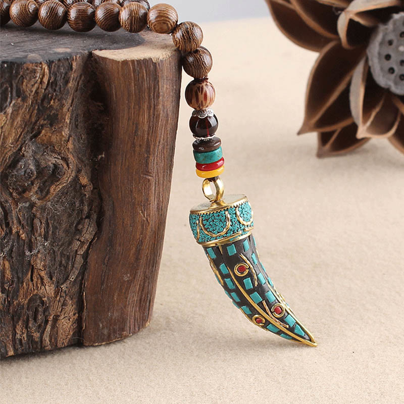 Fortune Jewel Tibet Wenge Wood Om Mani Padme Hum OM Symbol Mantra Horn Pattern Protection Necklace Pendant