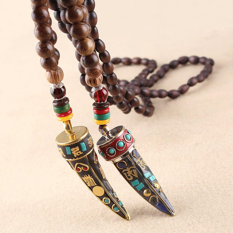 Fortune Jewel Tibet Wenge Wood Om Mani Padme Hum OM Symbol Mantra Horn Pattern Protection Necklace Pendant