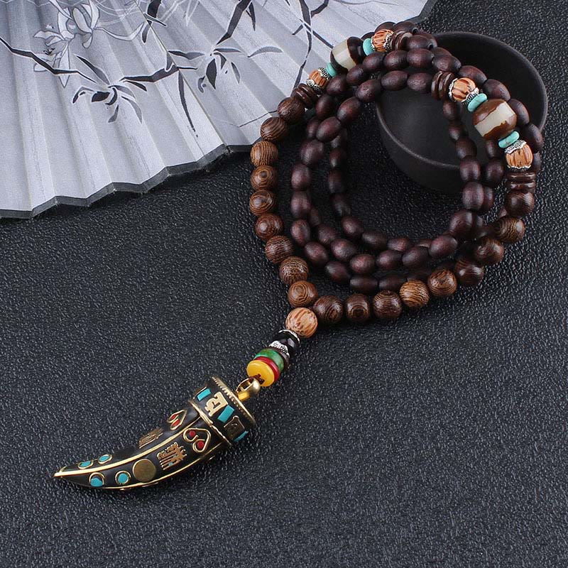 Fortune Jewel Tibet Wenge Wood Om Mani Padme Hum OM Symbol Mantra Horn Pattern Protection Necklace Pendant