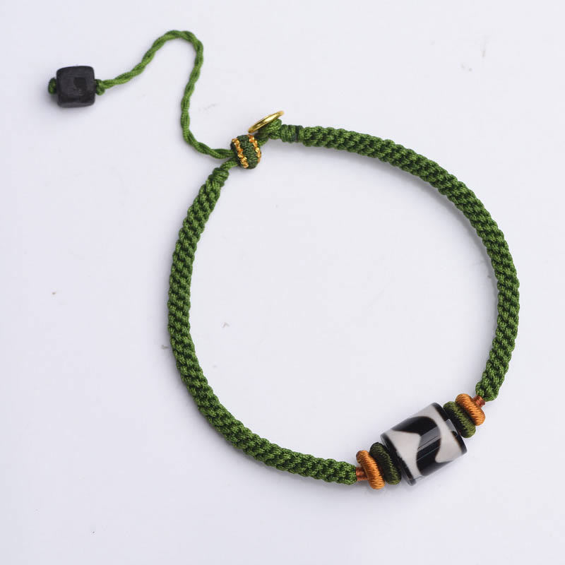 Fortune Jewel Handmade Tibetan Dzi Bead Protection Braided Green Rope Bracelet