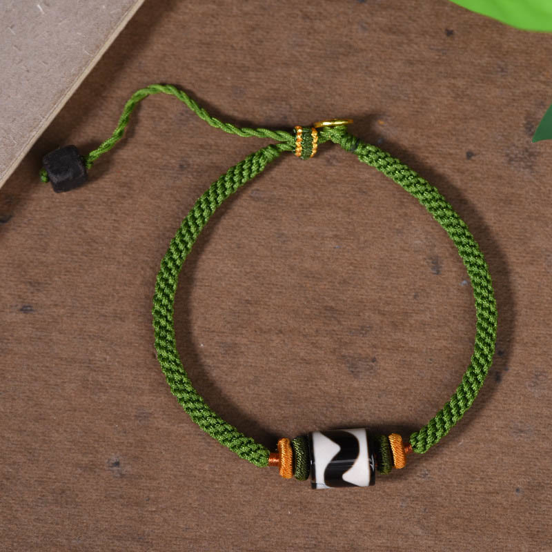 Fortune Jewel Handmade Tibetan Dzi Bead Protection Braided Green Rope Bracelet