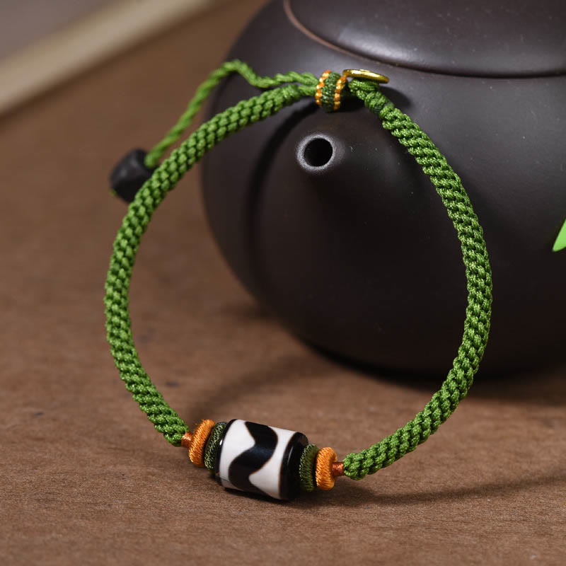 Fortune Jewel Handmade Tibetan Dzi Bead Protection Braided Green Rope Bracelet